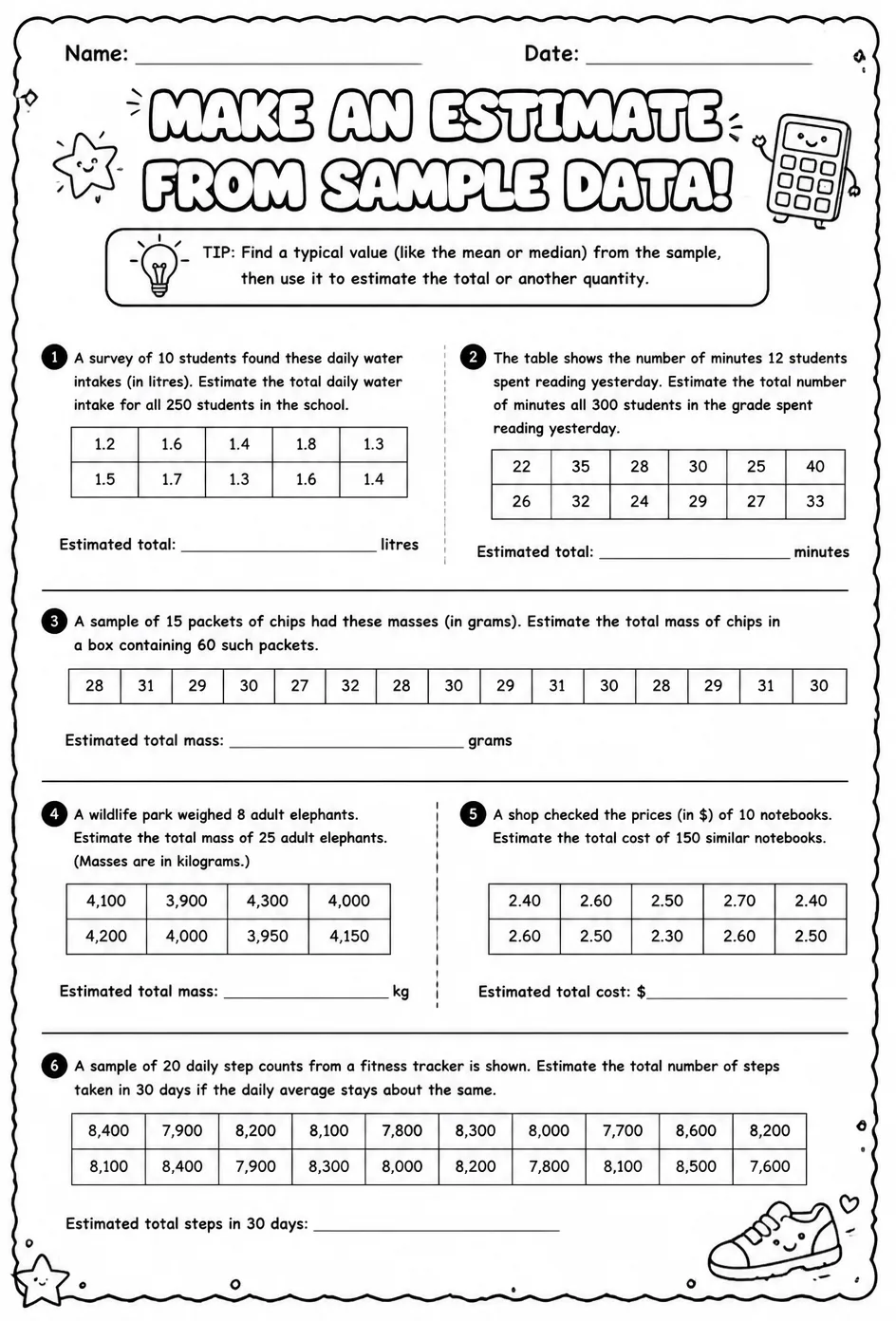 Make an estimate from sample data — free printable Grade 7 math worksheet