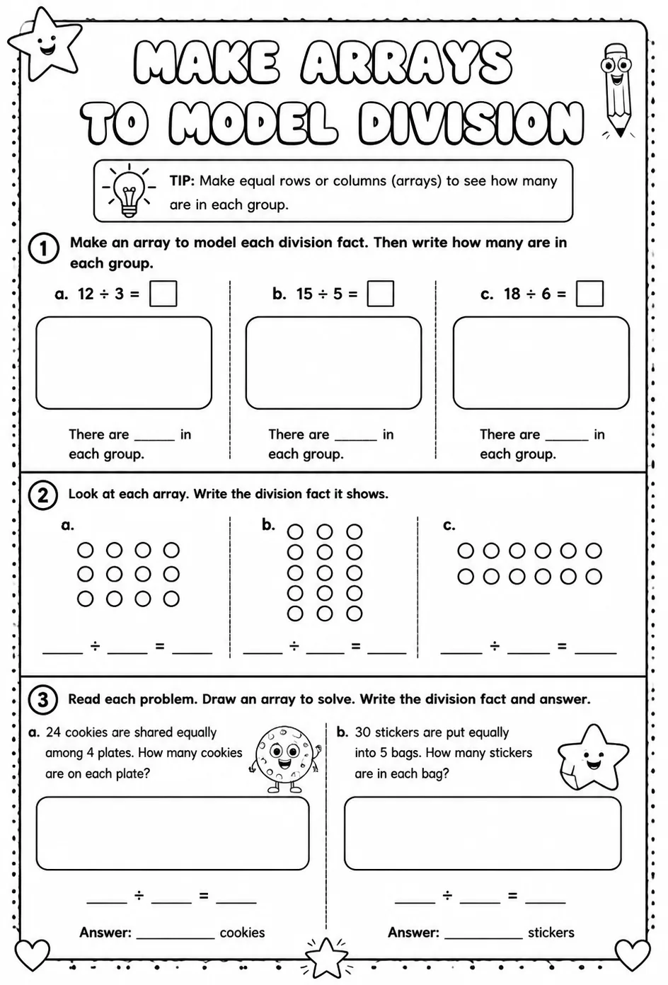 Make arrays to model division — free printable Grade 3 math worksheet