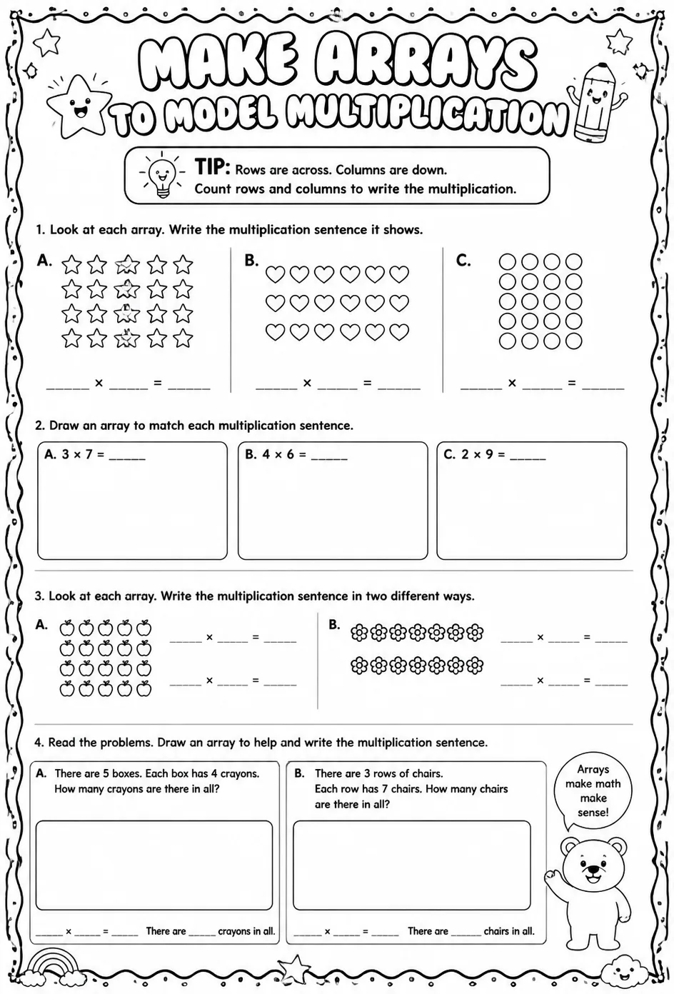 Make arrays to model multiplication — free printable Grade 3 math worksheet