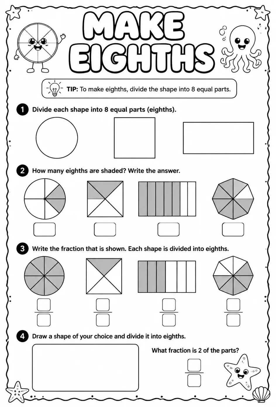 Make eighths — free printable Grade 2 math worksheet