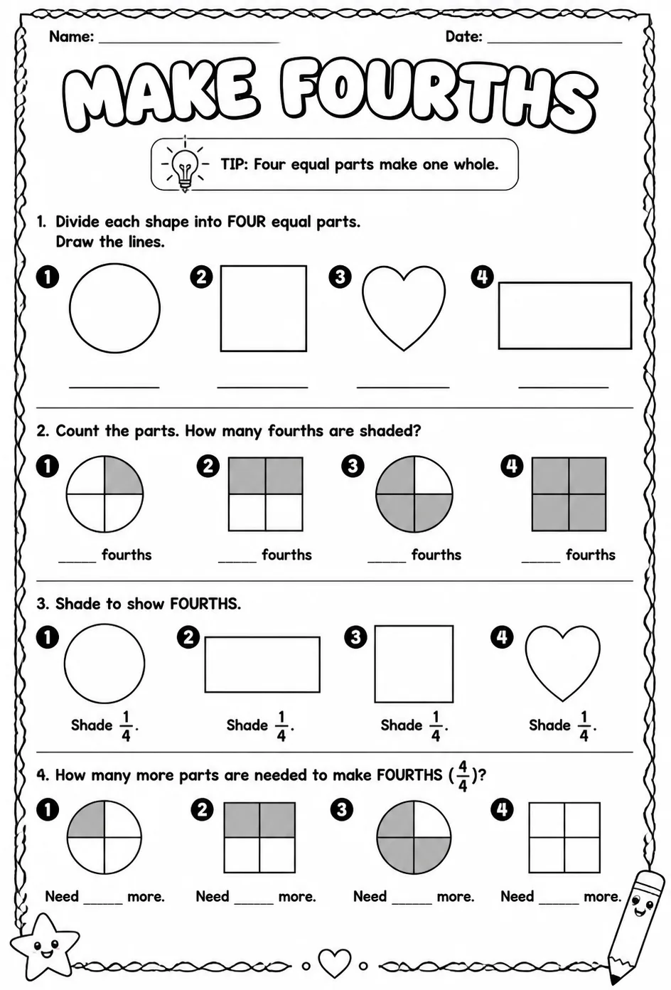 Make fourths — free printable Grade 1 math worksheet
