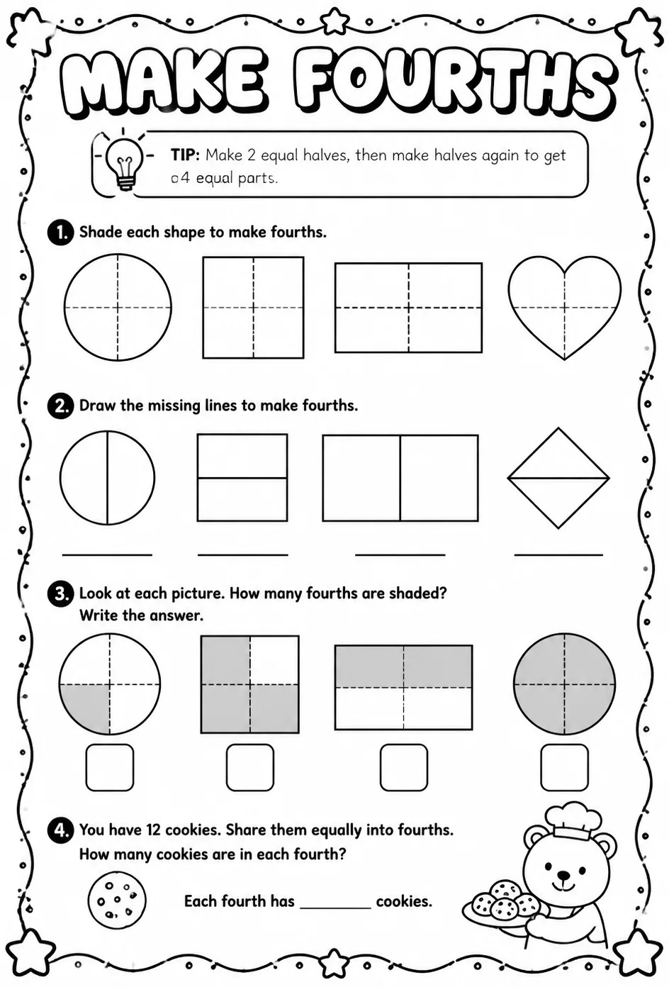 Make fourths — free printable Grade 2 math worksheet