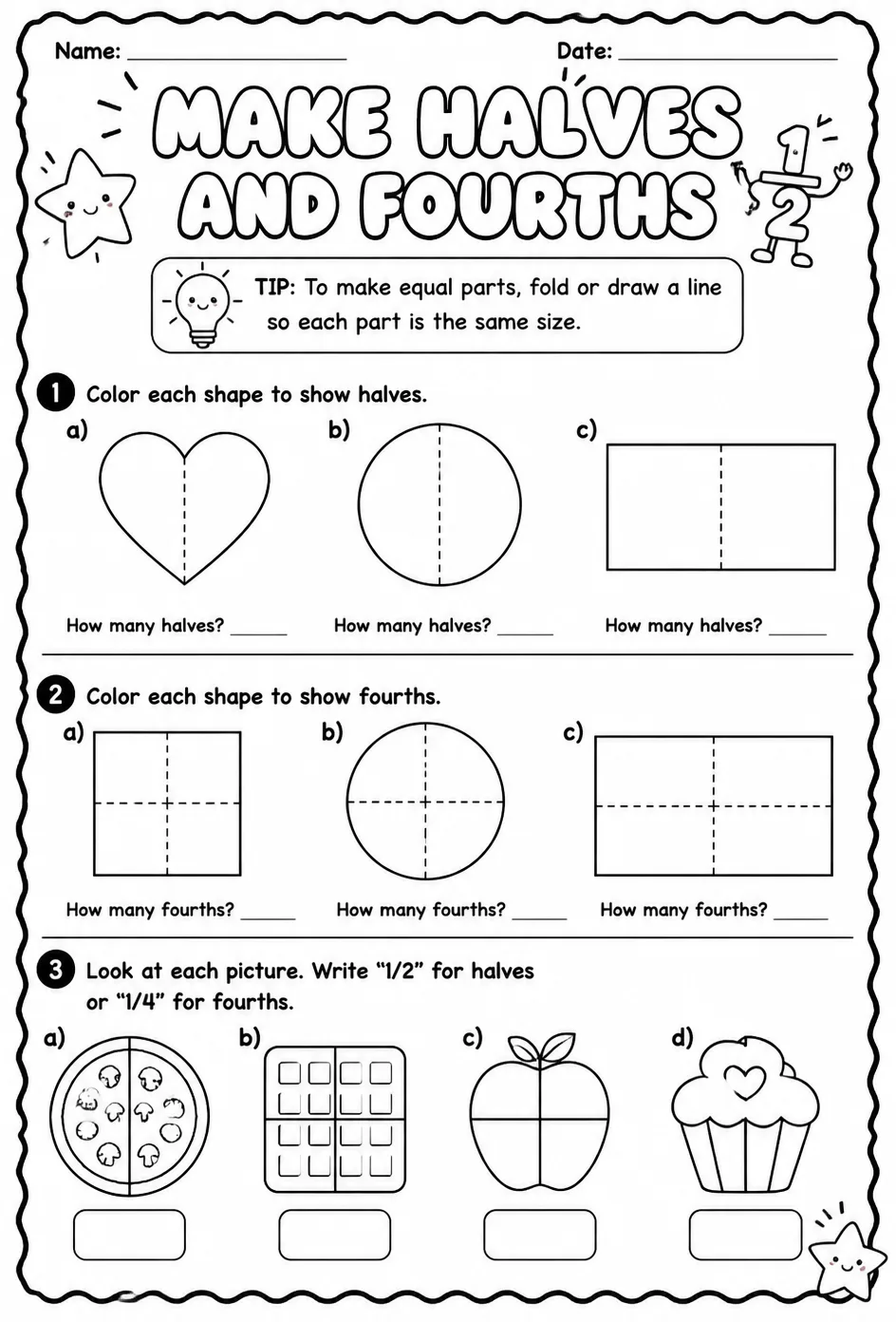 Make halves and fourths — free printable Grade 1 math worksheet