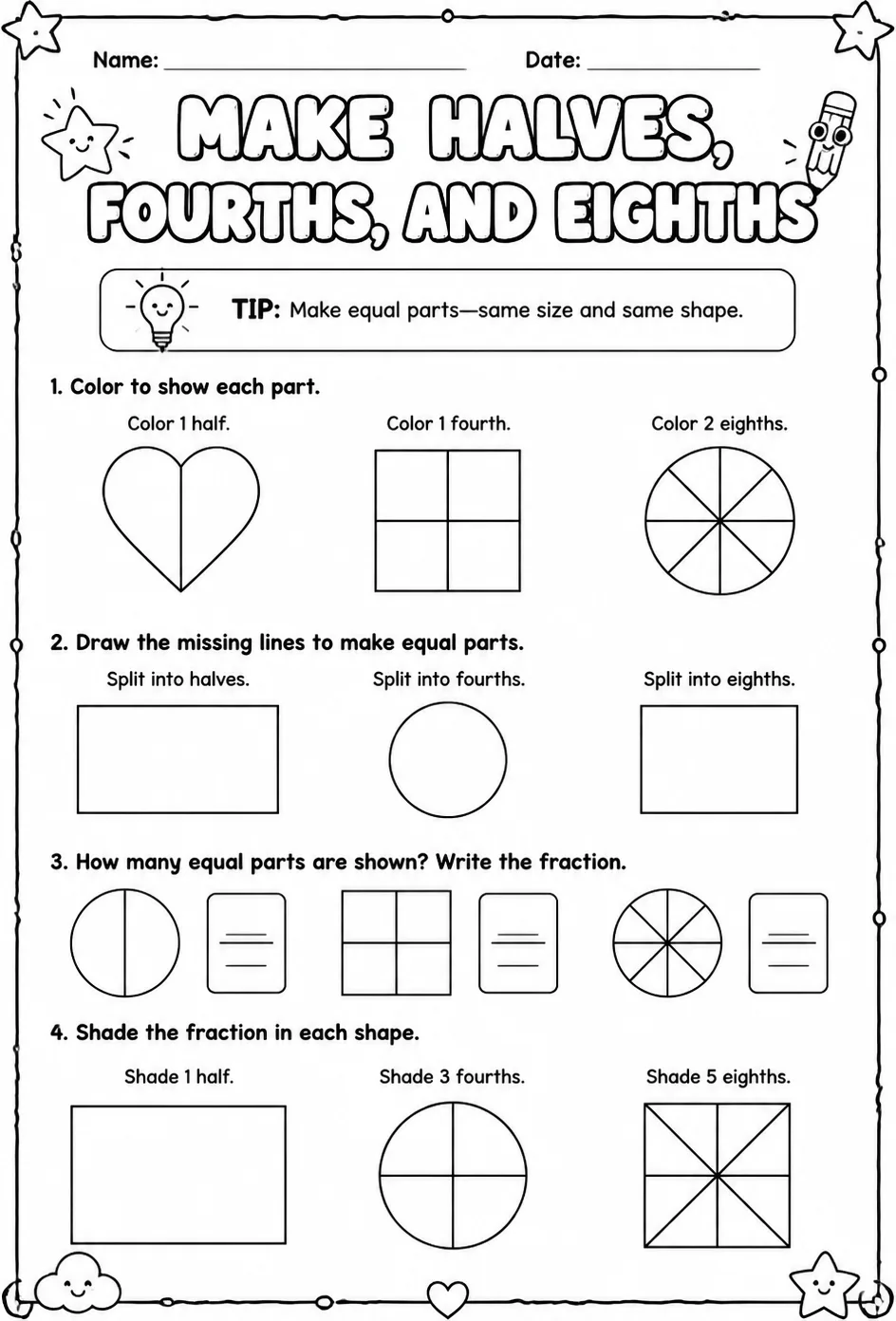 Make halves, fourths, and eighths — free printable Grade 2 math worksheet