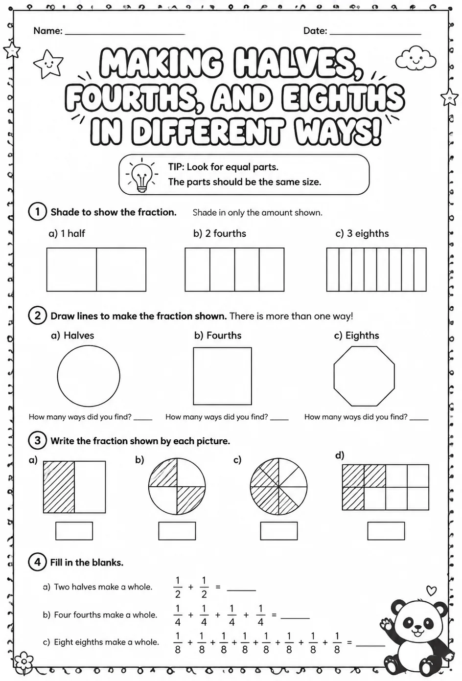 Make halves, fourths, and eighths in different ways — free printable Grade 2 math worksheet