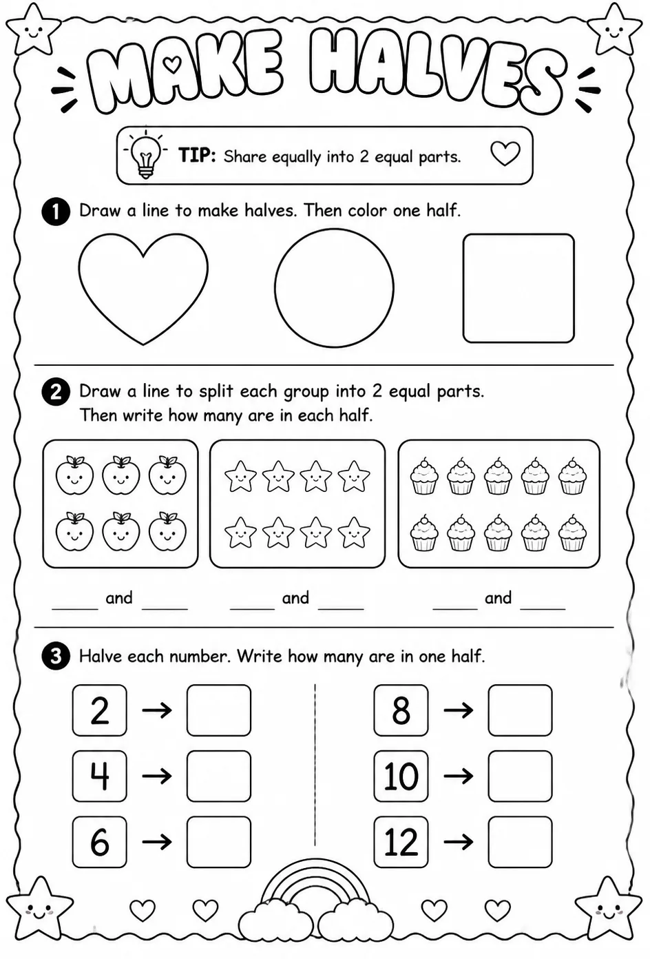 Make halves — free printable Grade 1 math worksheet