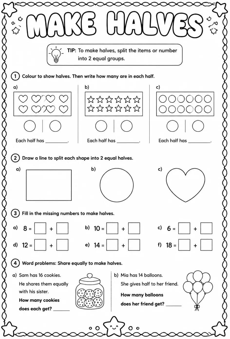 Make halves — free printable Grade 2 math worksheet