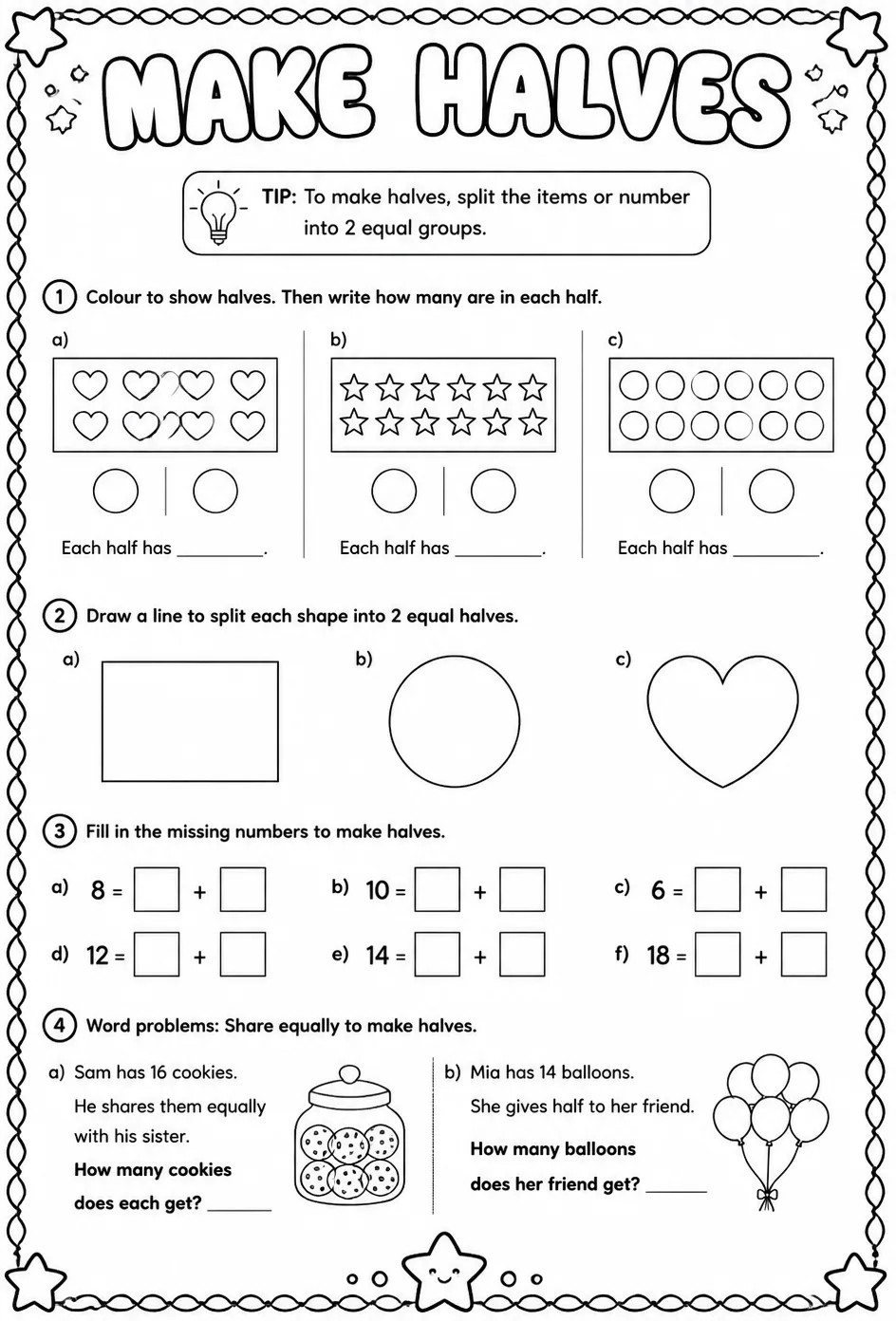 Make halves — free printable Grade 2 math worksheet