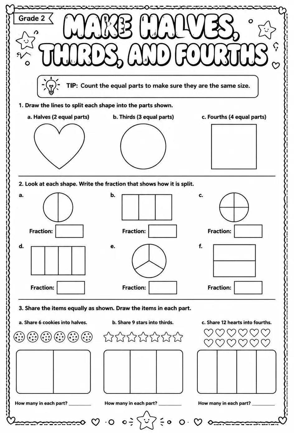 Make halves, thirds, and fourths — free printable Grade 2 math worksheet