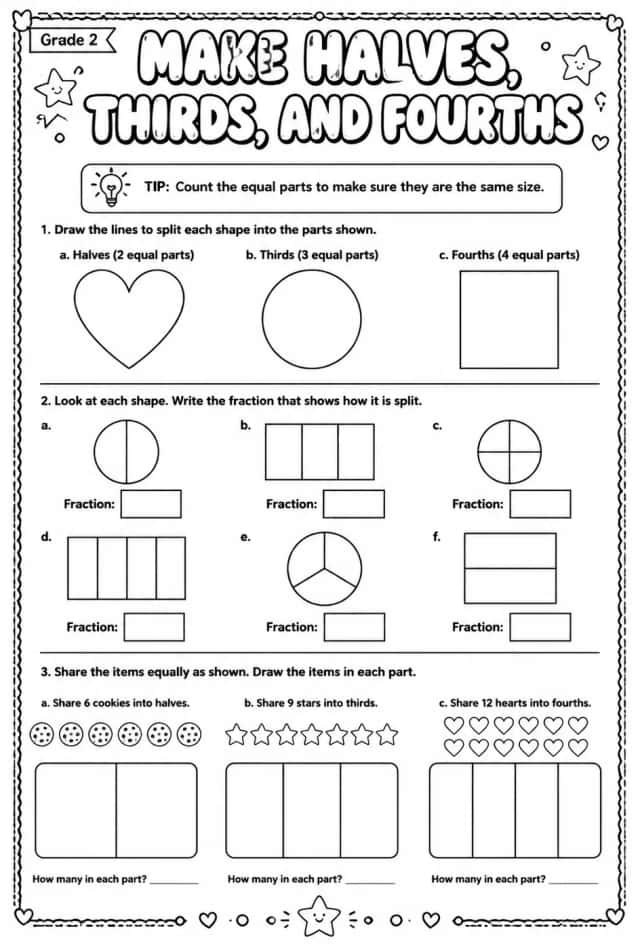 Make halves, thirds, and fourths