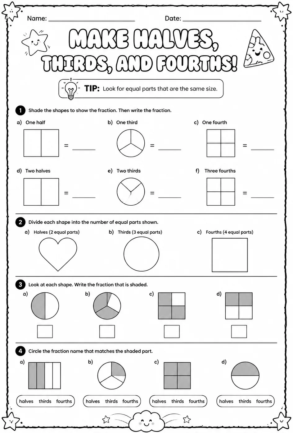 Make halves, thirds, and fourths — free printable Grade 3 math worksheet