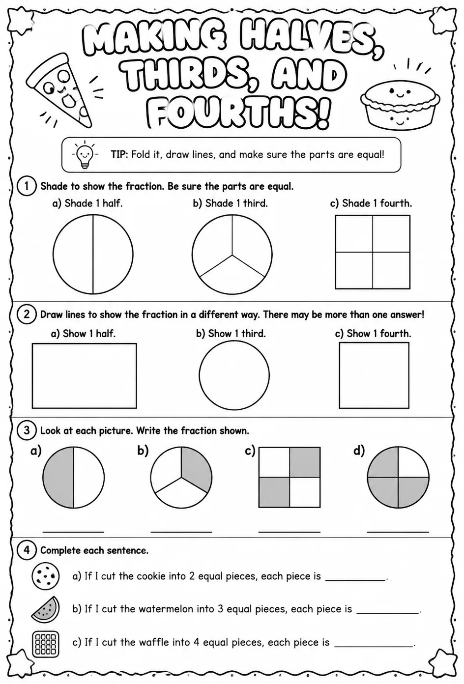 Make halves, thirds, and fourths in different ways — free printable Grade 2 math worksheet