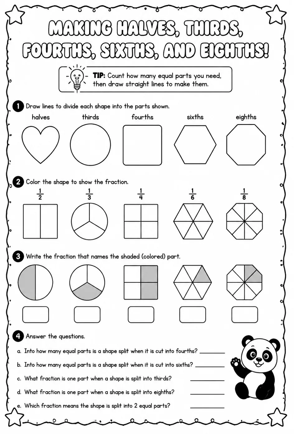 Make halves, thirds, fourths, sixths, and eighths — free printable Grade 3 math worksheet