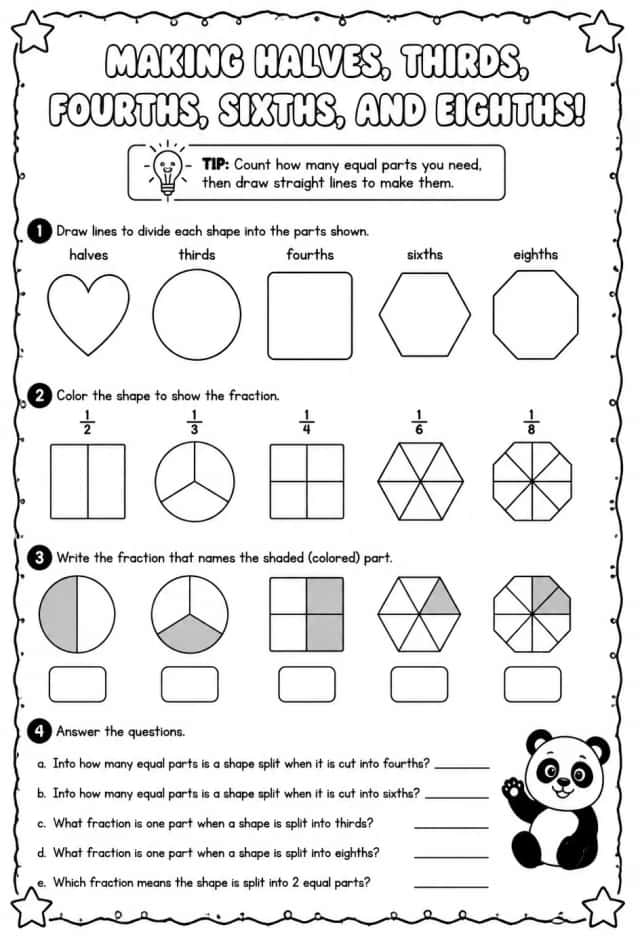 Make halves, thirds, fourths, sixths, and eighths