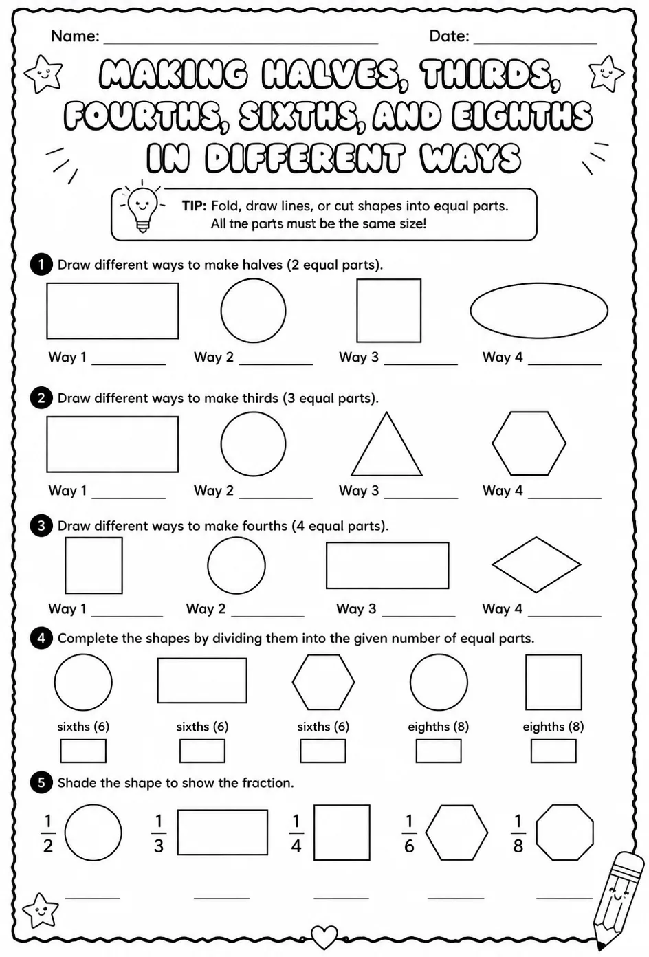 Make halves, thirds, fourths, sixths, and eighths in different ways — free printable Grade 3 math worksheet