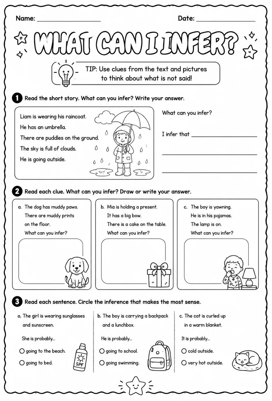 Make inferences from a text — free printable Kindergarten English & Reading worksheet
