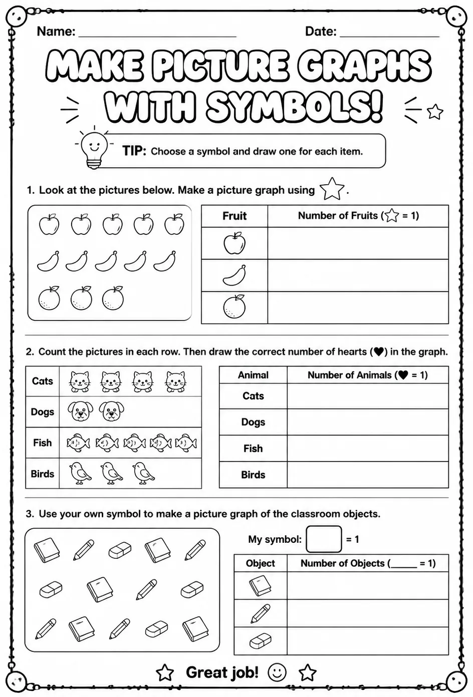 Make picture graphs with symbols — free printable Grade 1 math worksheet