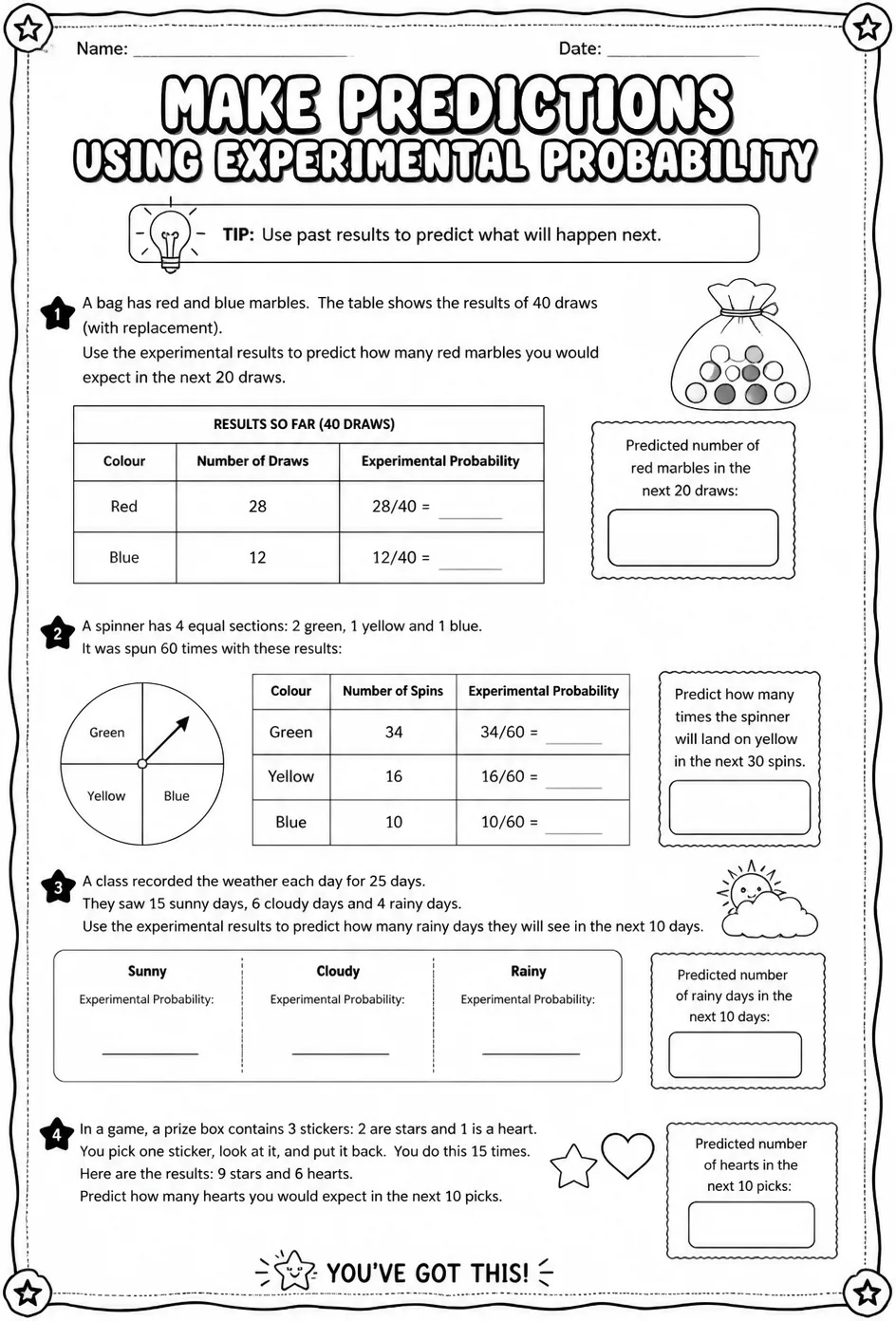 Make predictions using experimental probability — free printable Grade 7 math worksheet