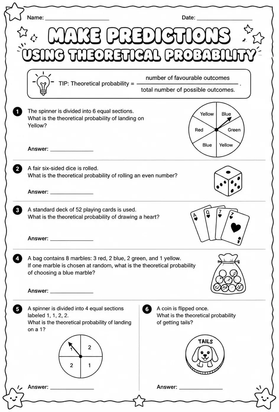 Make predictions using theoretical probability — free printable Grade 7 math worksheet
