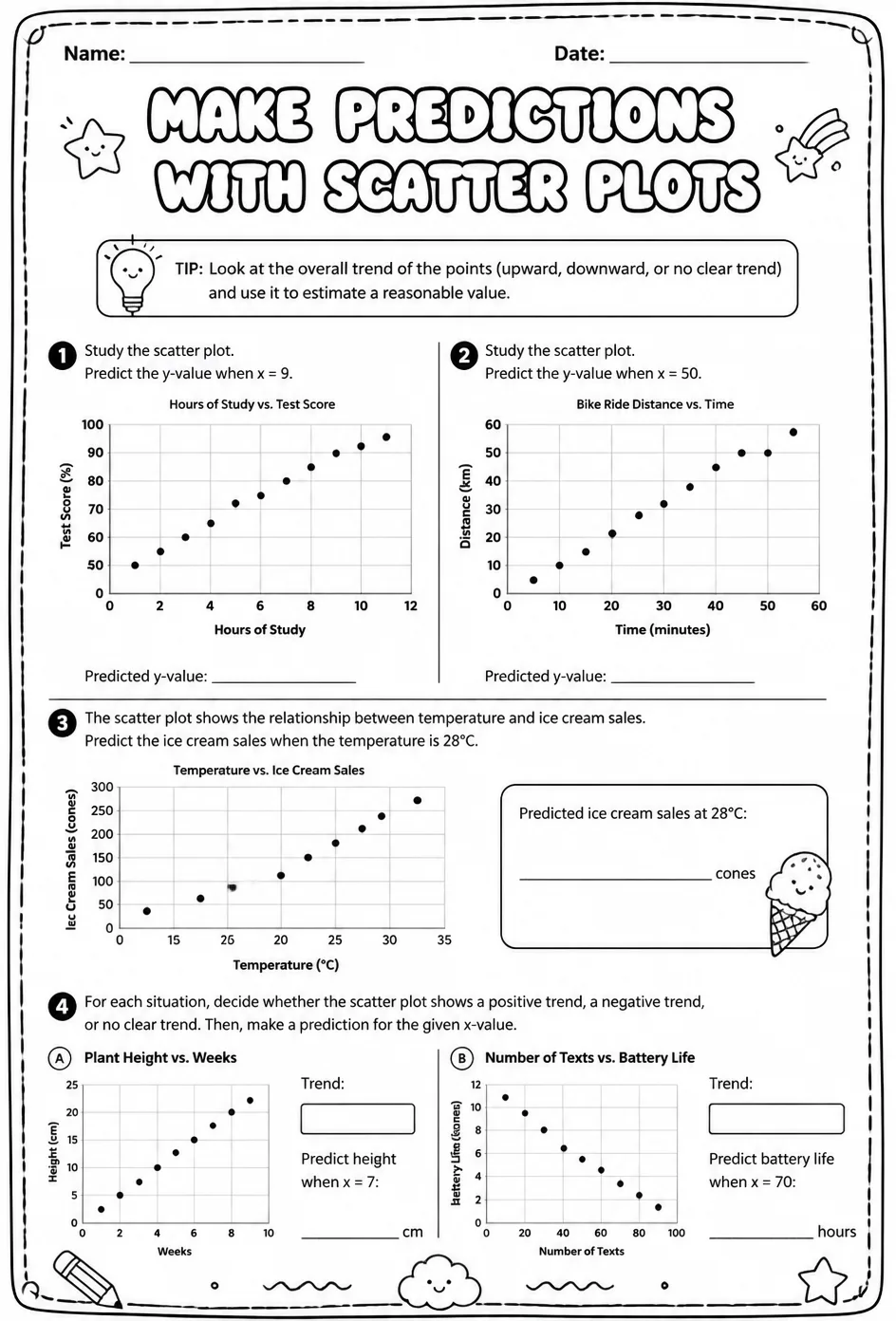 Make predictions with scatter plots — free printable Grade 8 math worksheet