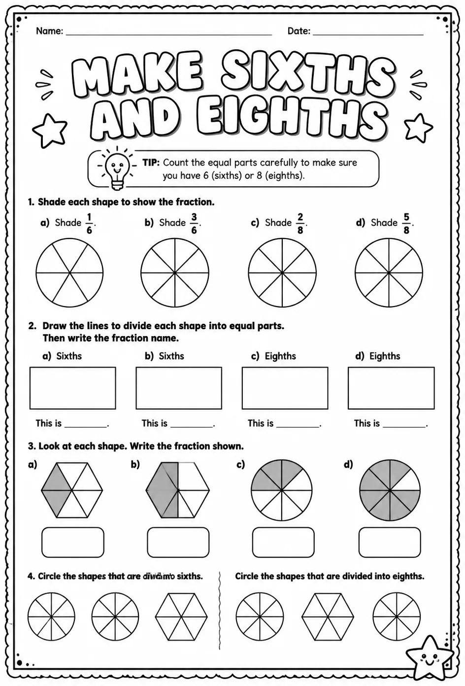Make sixths and eighths — free printable Grade 3 math worksheet