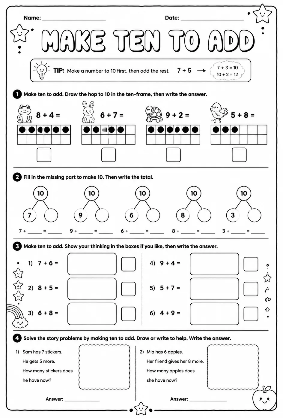 Make ten to add — free printable Grade 1 math worksheet