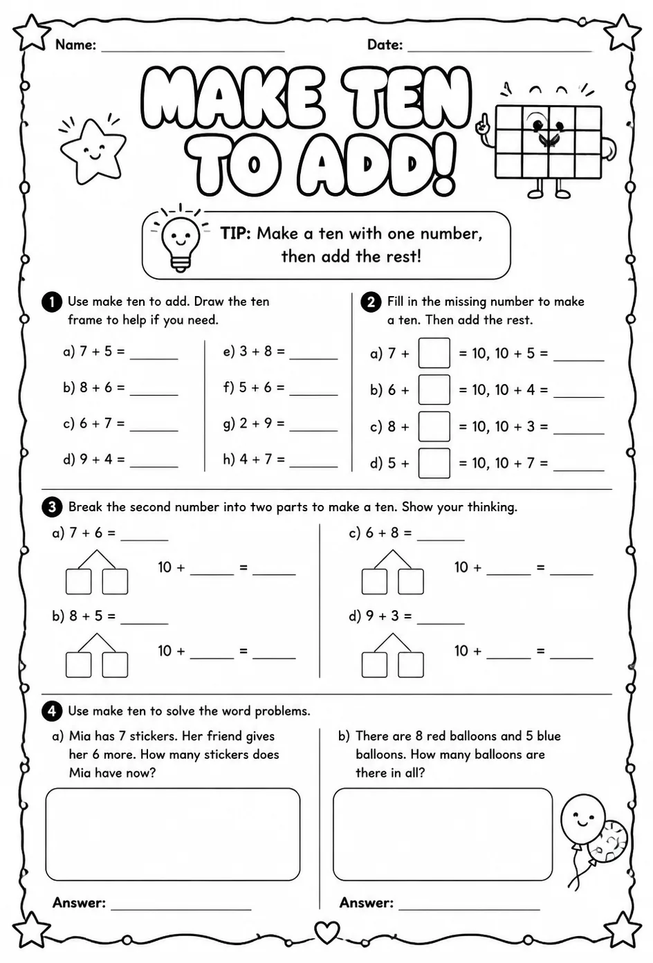 Make ten to add — free printable Grade 2 math worksheet