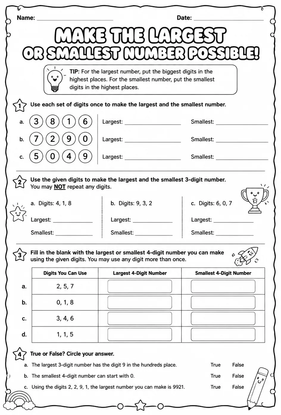 Make the largest or smallest number possible — free printable Grade 3 math worksheet