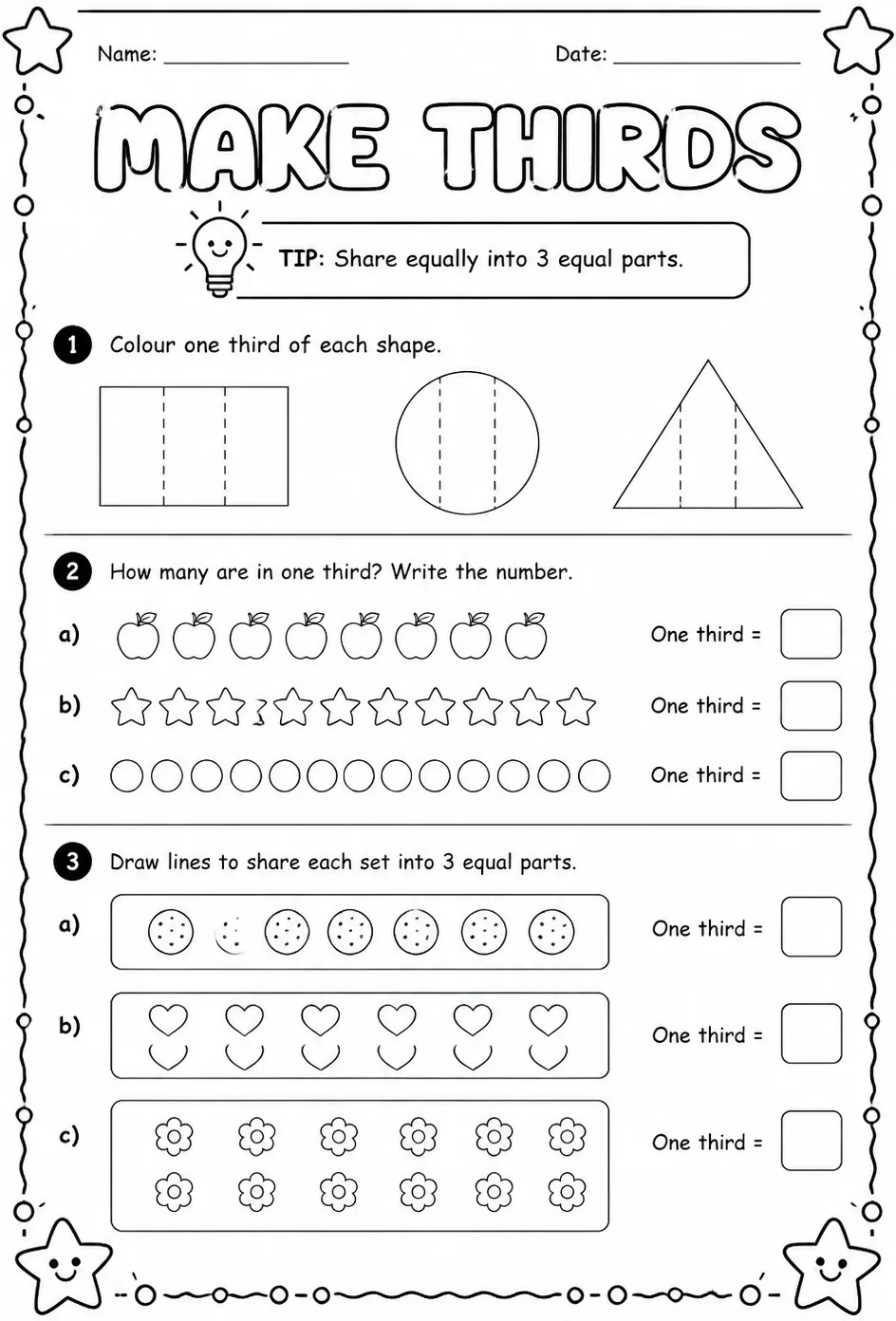 Make thirds — free printable Grade 2 math worksheet