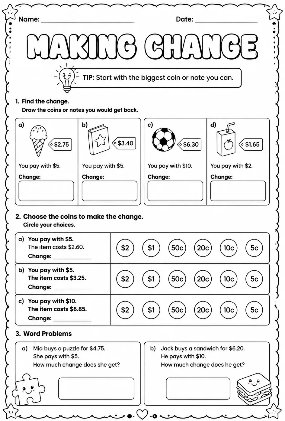 Making change — free printable Grade 2 math worksheet