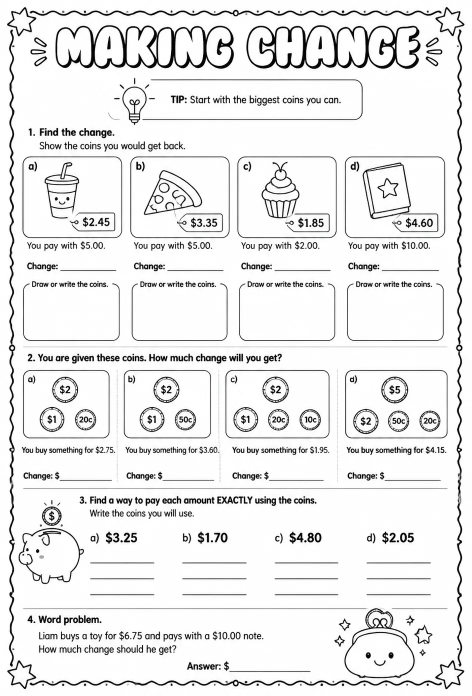 Making change — free printable Grade 3 math worksheet