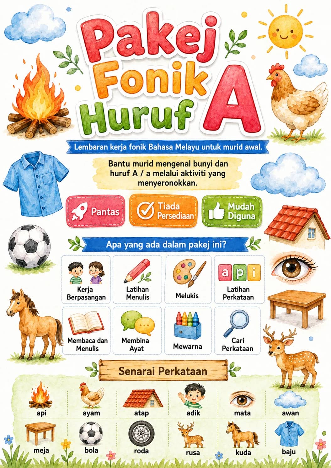 Malay Letter A Phonics Worksheets Pack printable worksheet pack preview from KiwiBee