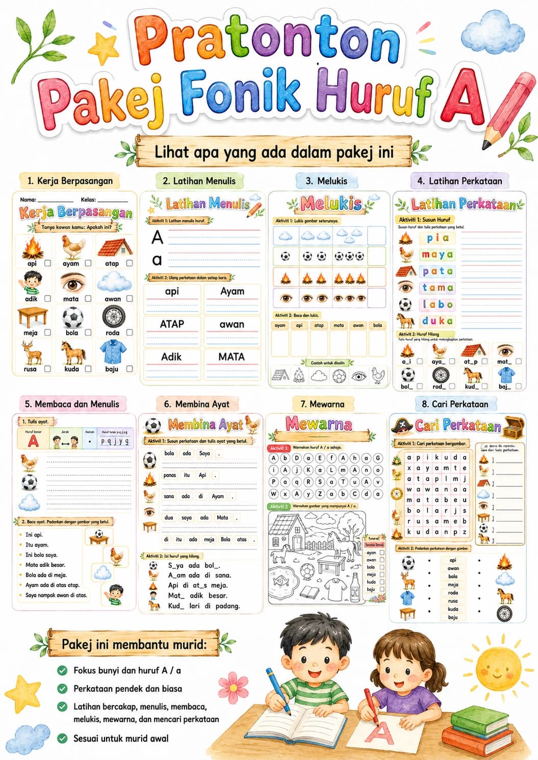 Malay Letter A Phonics Worksheets Pack page 2 printable worksheet preview