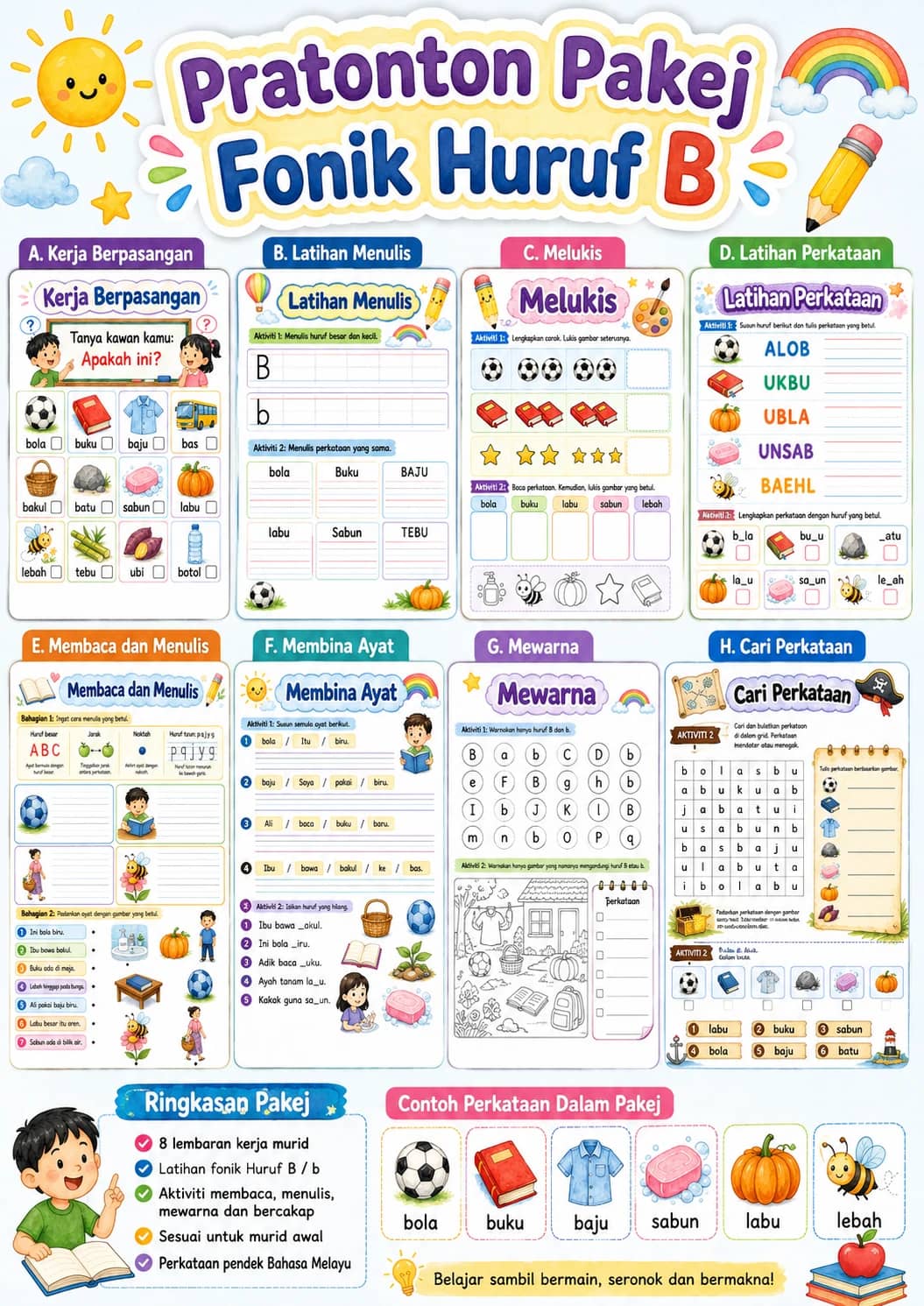 Malay Letter B Phonics Worksheets Pack printable worksheet pack preview from KiwiBee