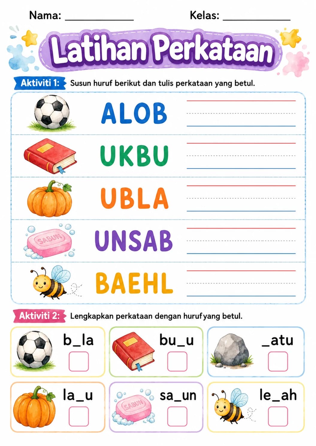 Malay Letter B Phonics Worksheets Pack page 2 printable worksheet preview