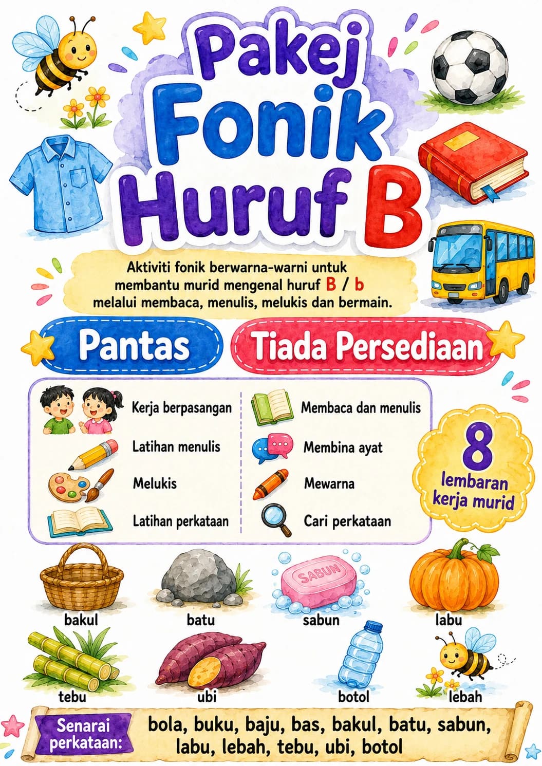 Malay Letter B Phonics Worksheets Pack page 6 printable worksheet preview