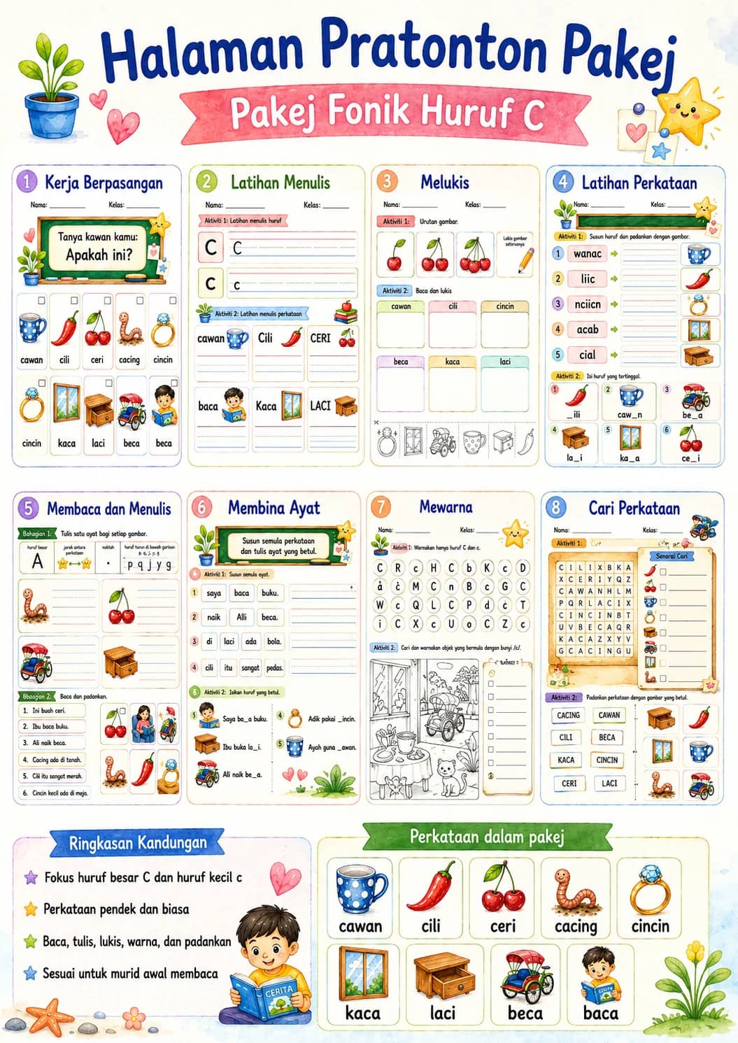 Malay Letter C Phonics Worksheets Pack printable worksheet pack preview from KiwiBee