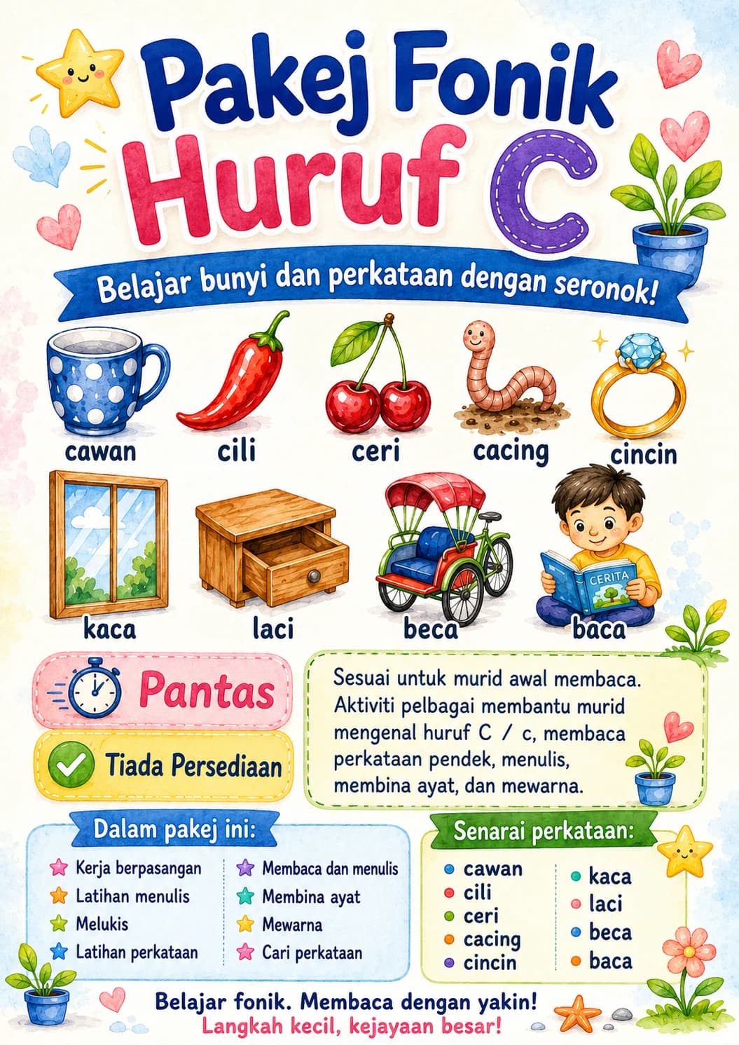 Malay Letter C Phonics Worksheets Pack page 2 printable worksheet preview