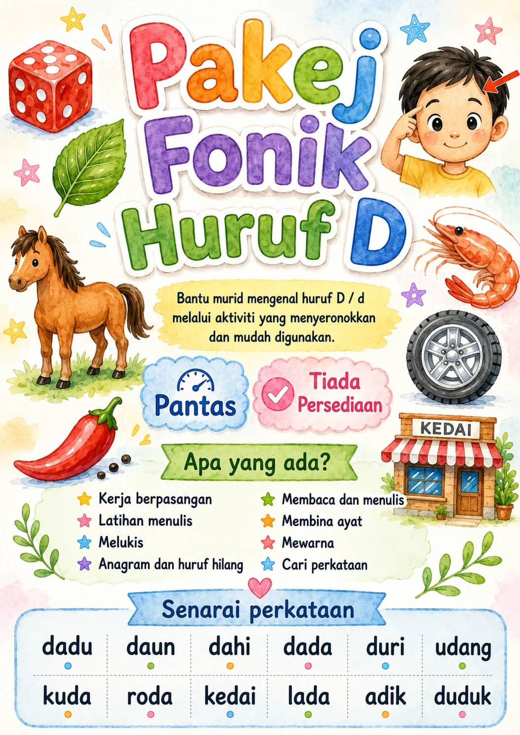 Malay Letter D Phonics Worksheets Pack printable worksheet pack preview from KiwiBee