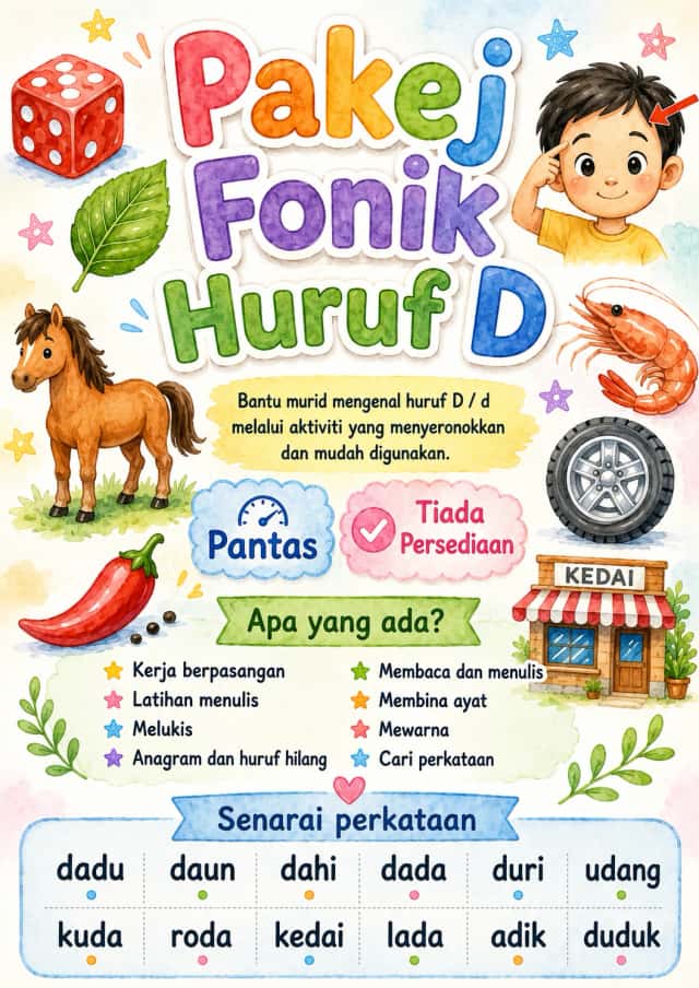 Malay Letter D Phonics Worksheets Pack