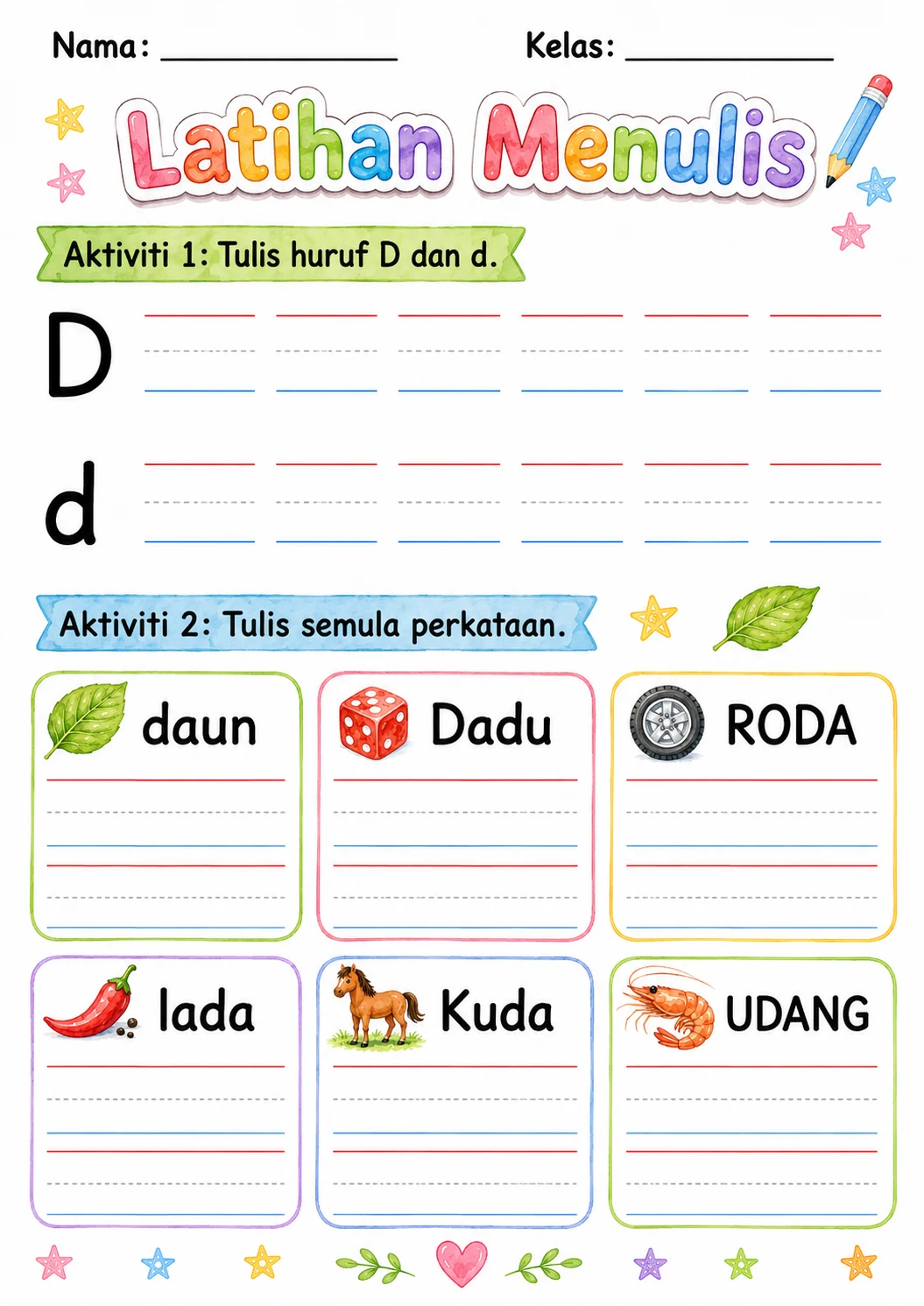 Malay Letter D Phonics Worksheets Pack page 4 printable worksheet preview
