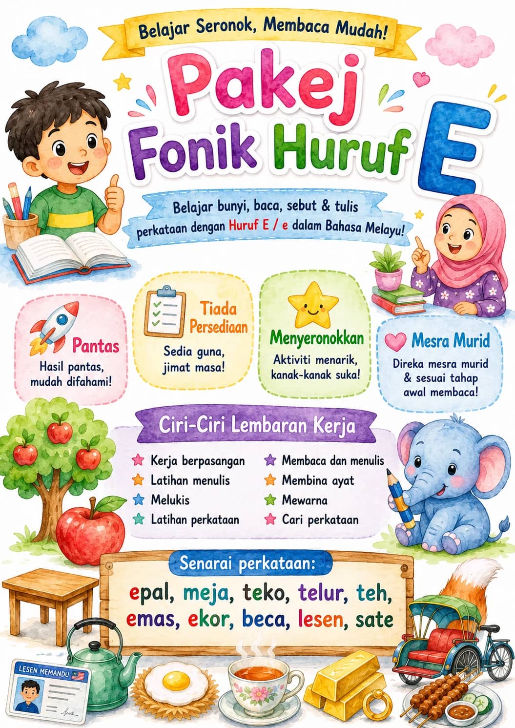 Malay Letter E Phonics Worksheets Pack printable worksheet pack preview from KiwiBee