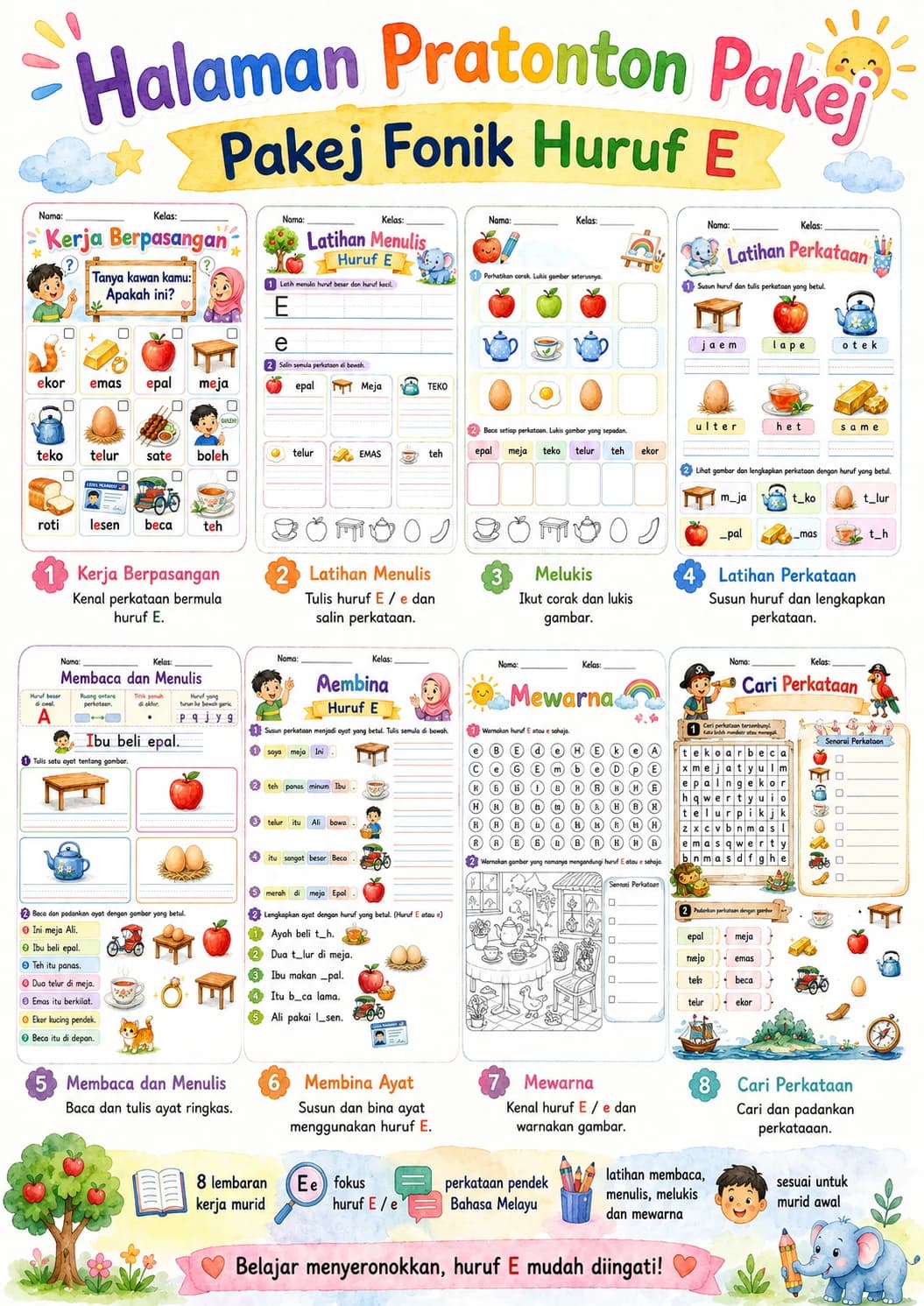 Malay Letter E Phonics Worksheets Pack page 2 printable worksheet preview