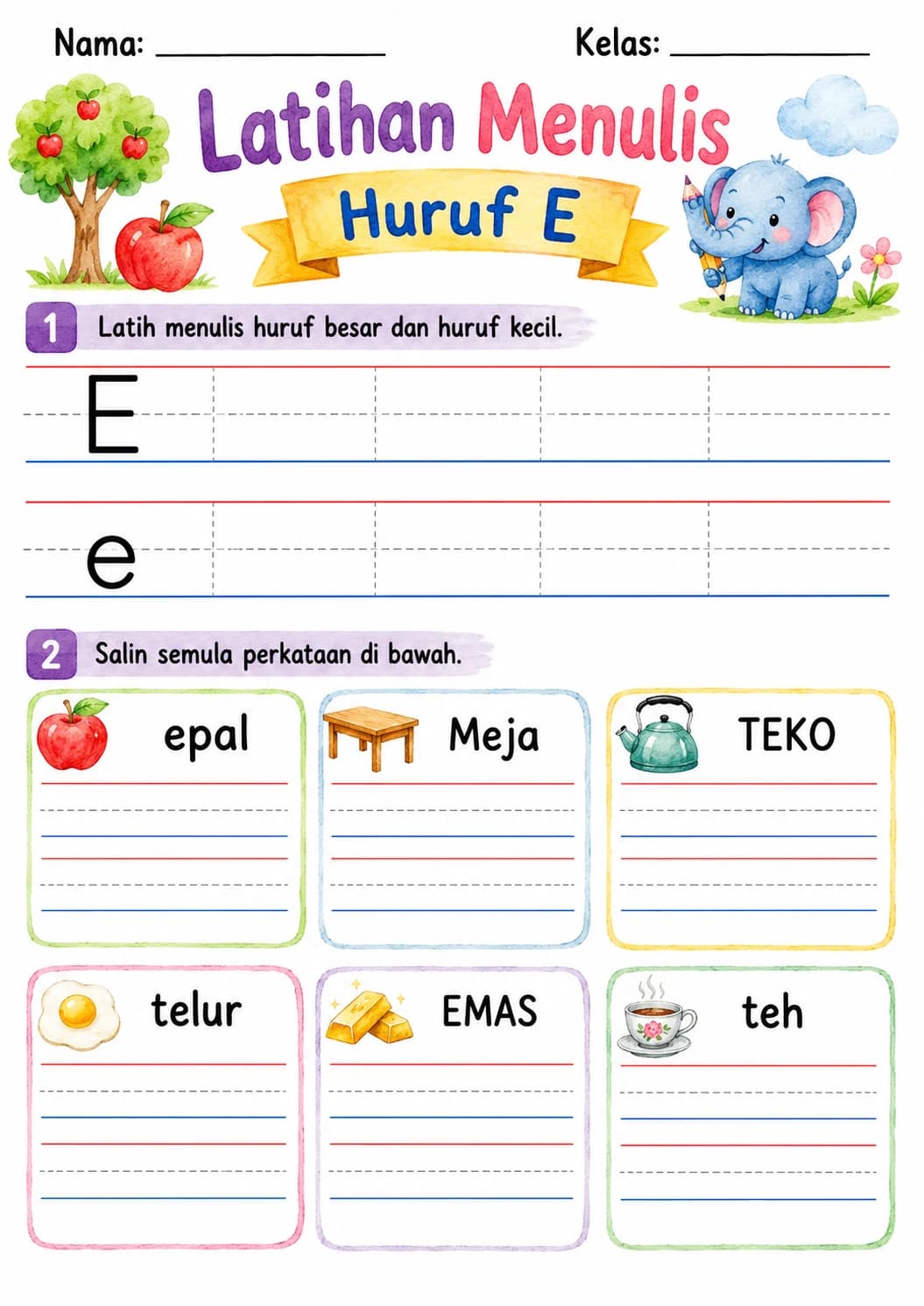 Malay Letter E Phonics Worksheets Pack page 8 printable worksheet preview