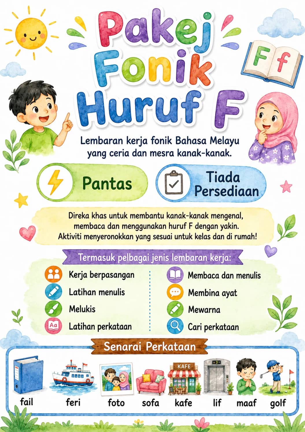 Malay Letter F Phonics Worksheets Pack printable worksheet pack preview from KiwiBee