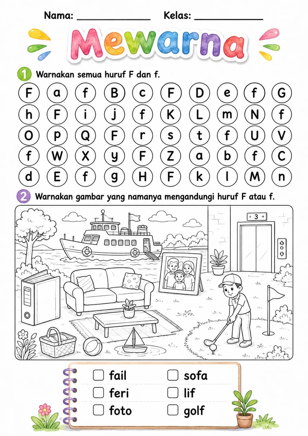 Malay Letter F Phonics Worksheets Pack page 2 printable worksheet preview
