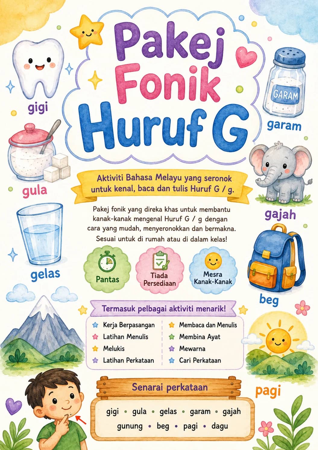 Malay Letter G Phonics Worksheets Pack printable worksheet pack preview from KiwiBee