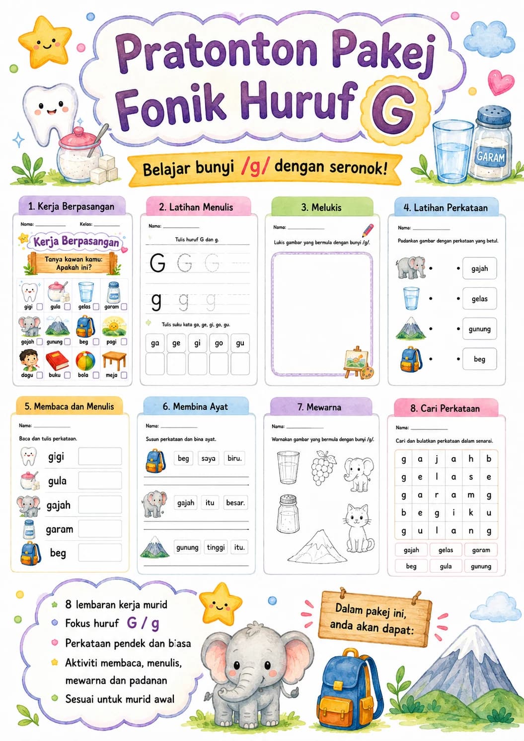 Malay Letter G Phonics Worksheets Pack page 2 printable worksheet preview
