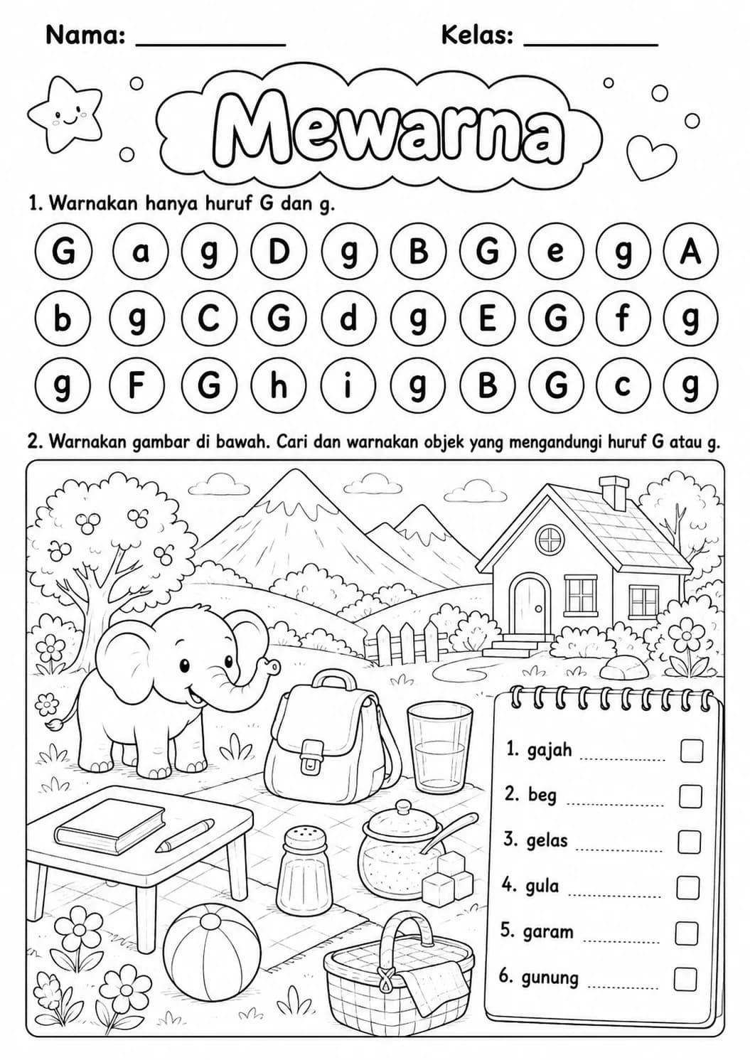 Malay Letter G Phonics Worksheets Pack page 5 printable worksheet preview
