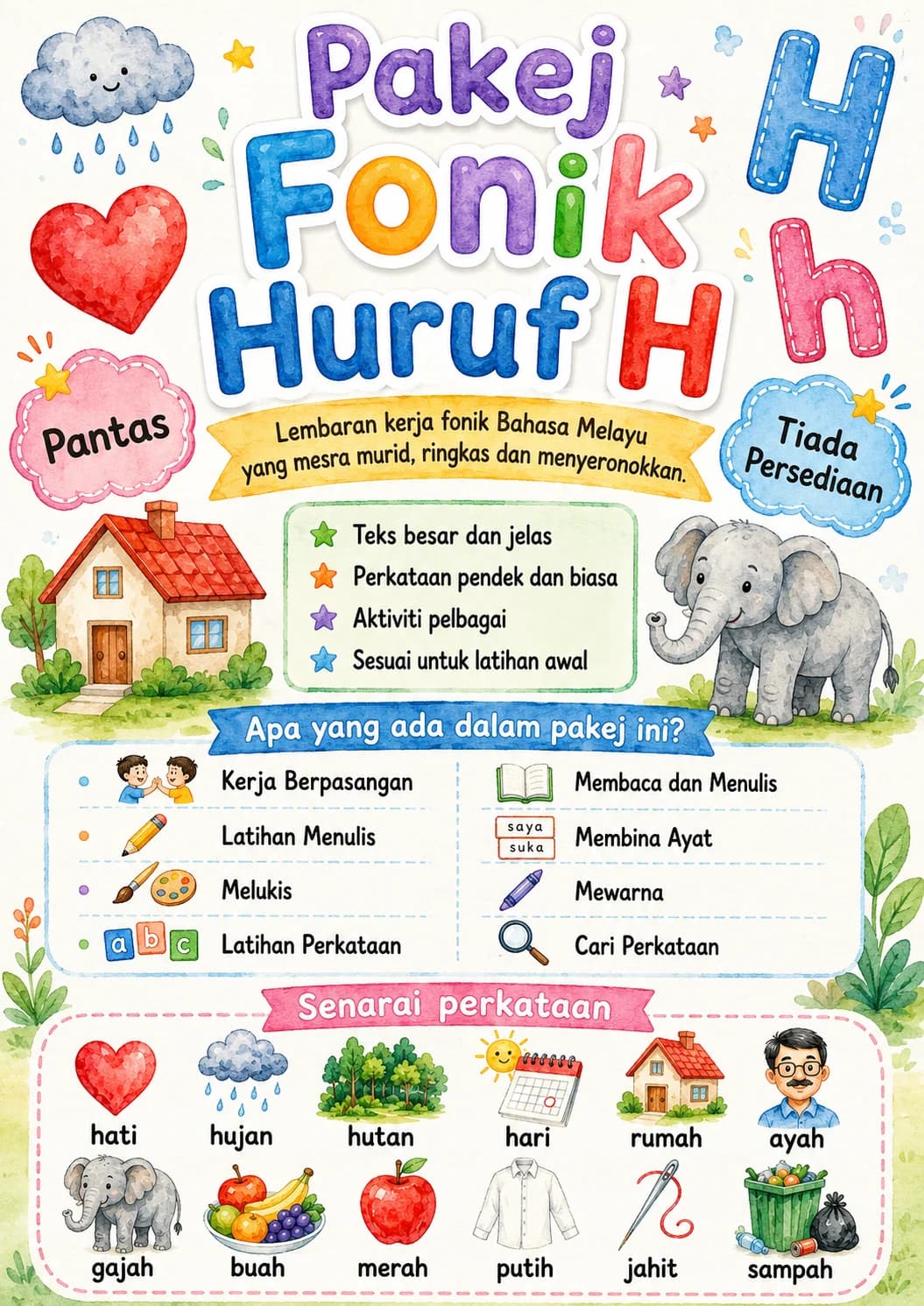 Malay Letter H Phonics Worksheets Pack page 6 printable worksheet preview